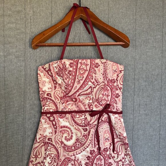 Y2K Vintage Old Navy Ivory Burgundy Pink Paisley Print Halter Neck Dress Size 10 - Picture 3 of 16